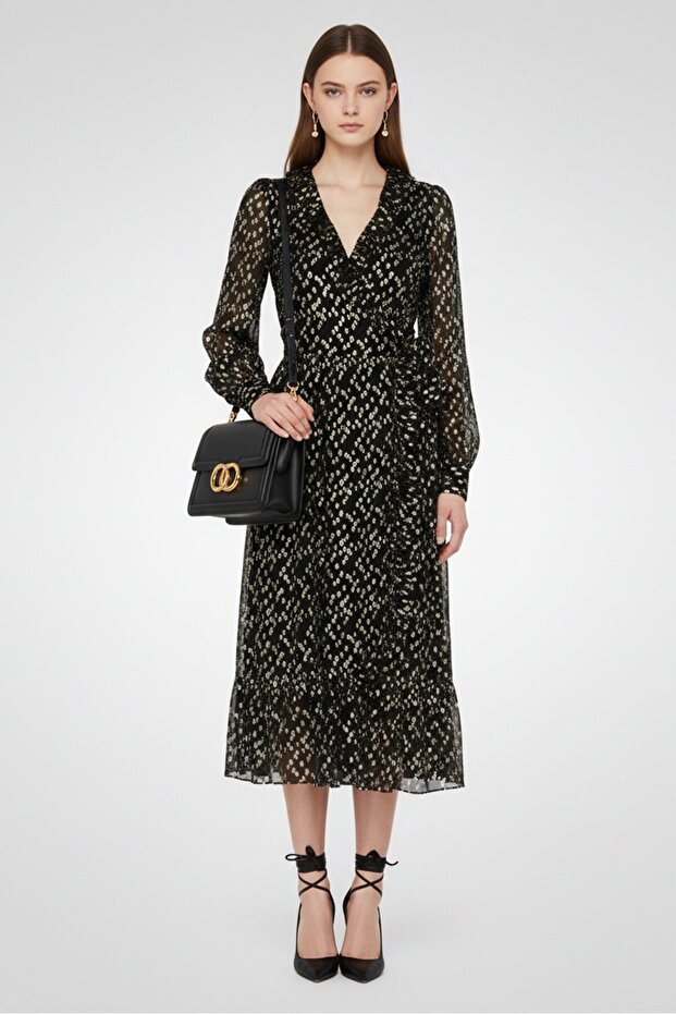 Women Textured Casual Midi Dress, Black