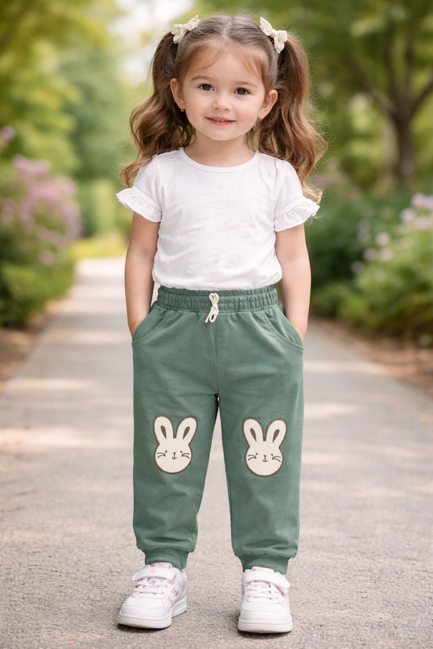 Baby Girl Rabbit Patterned Sweatpants Water Green Children's Trousers