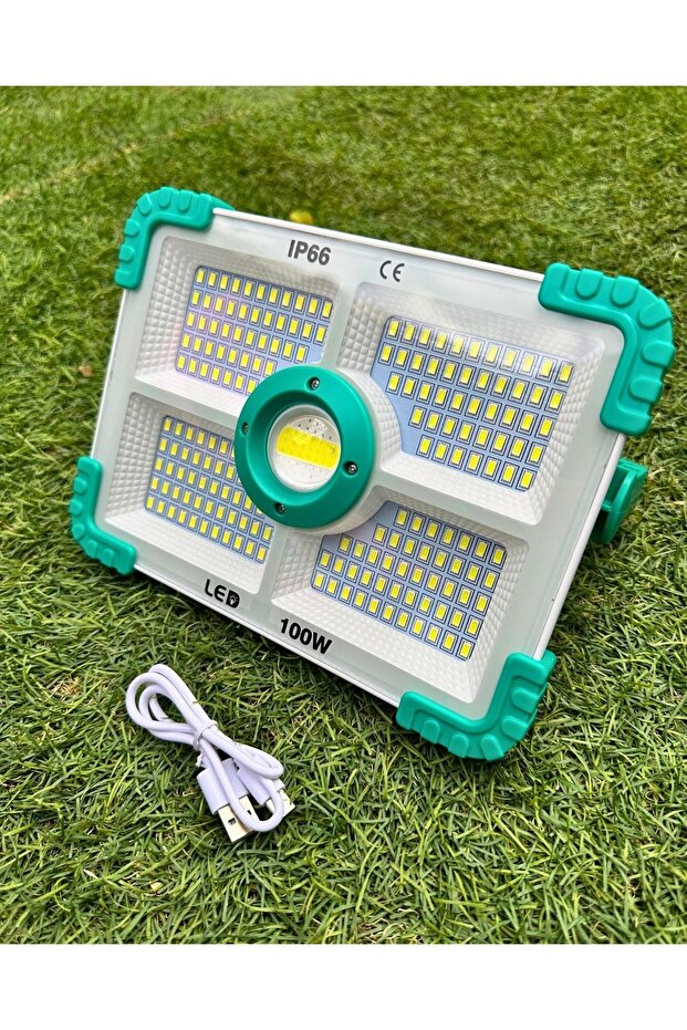 مصباح كشاف LED قابل لإعادة الشحن بقوة 100 واط، مقاوم للماء بمعيار IP66، مزود بمؤشر للبطارية، مناسب للتخييم