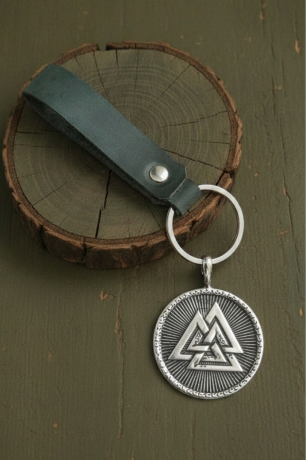 Khaki Green Real Leather - Viking Double Sided Keychain with Valknut and Compass Figures