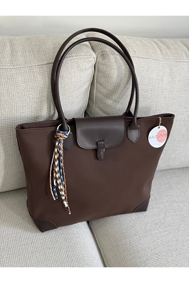 BAGLOVİS CHARM DETAYLI BÜYÜK BOY KAHVE TOTE ÇANTA EN40 BOY30