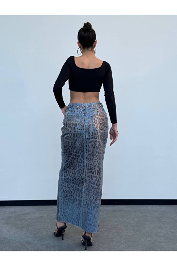 Leopard Patterned Slit Maxi Denim Skirt - 4