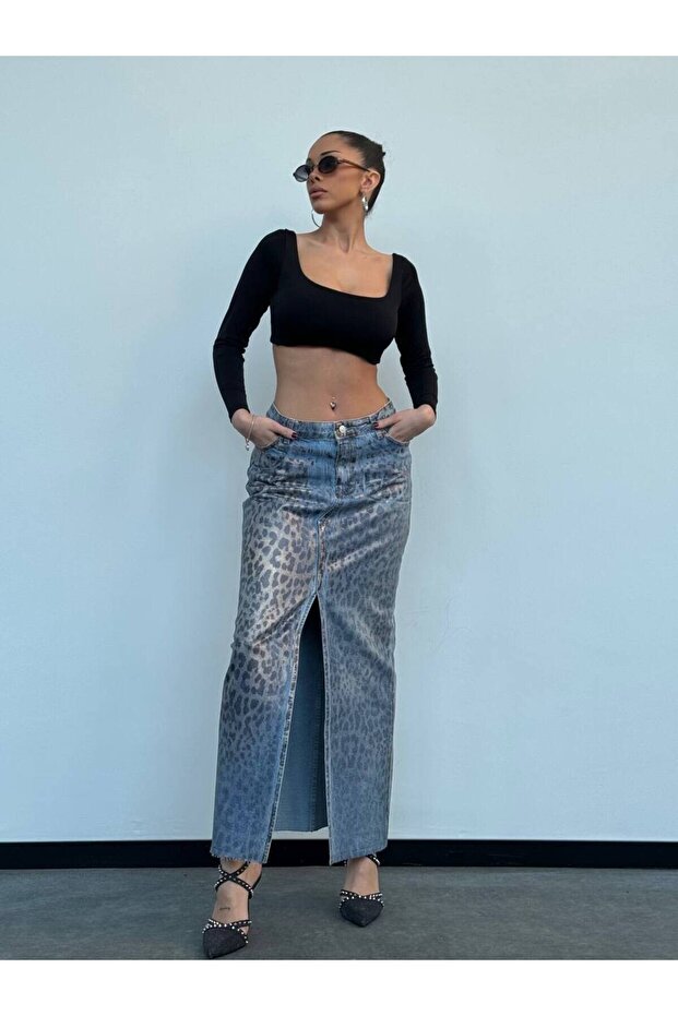 Leopard Patterned Slit Maxi Denim Skirt - 2