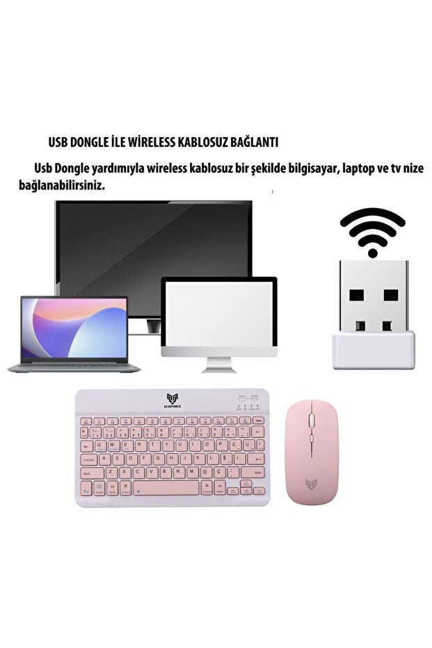 KM-33 Wireless Bluetooth Kablosuz Klavye Mouse Set Pembe - 5