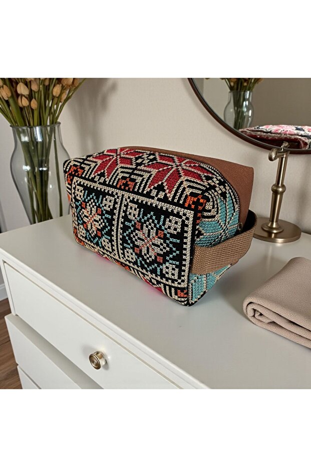 Multi-Purpose Makeup & Travel Pouch with Palestinian Embroidery Pattern
