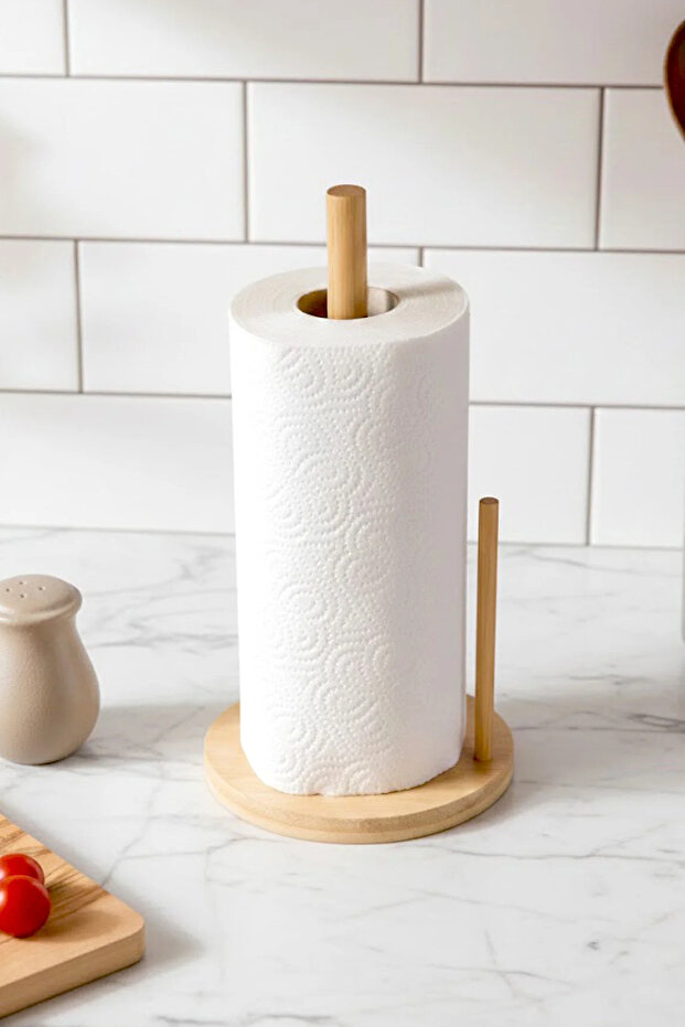 Bamboo Round Paper Towel Holder 14 cm Practical Use Ergonomic Kitchen Towel Holder