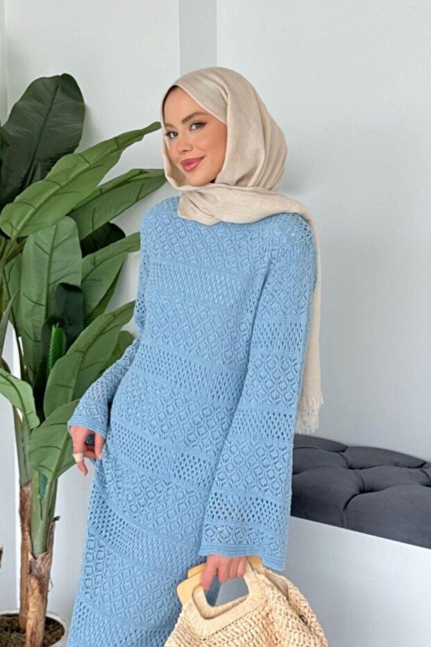 Ajur Örme Elbise Mavi - 4