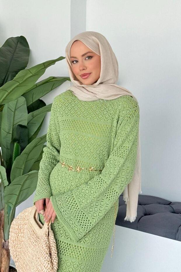 Ajur Örme Elbise Yeşil - 4