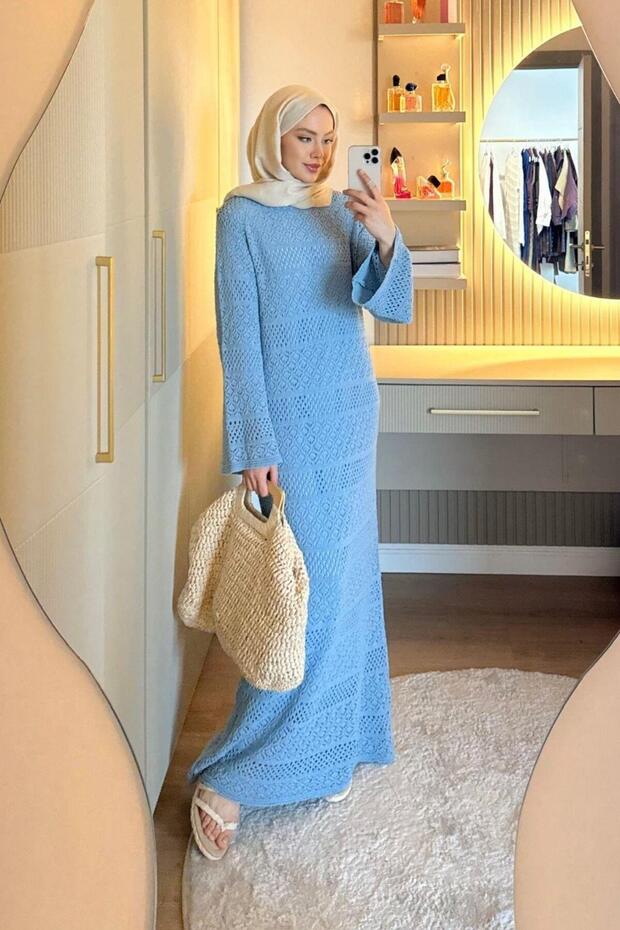 Ajur Örme Elbise Mavi - 3