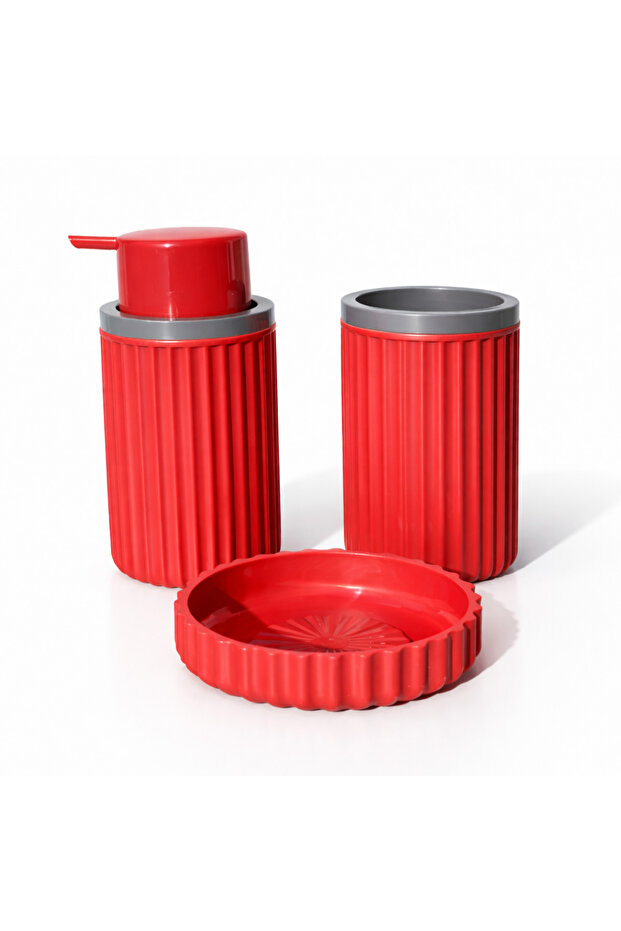Red 3-Piece Luxury Bathroom Accessory Set - Unbreakable Serrated Liquid Soap Dispenser, Toothbrush Holder, and Soap Dish