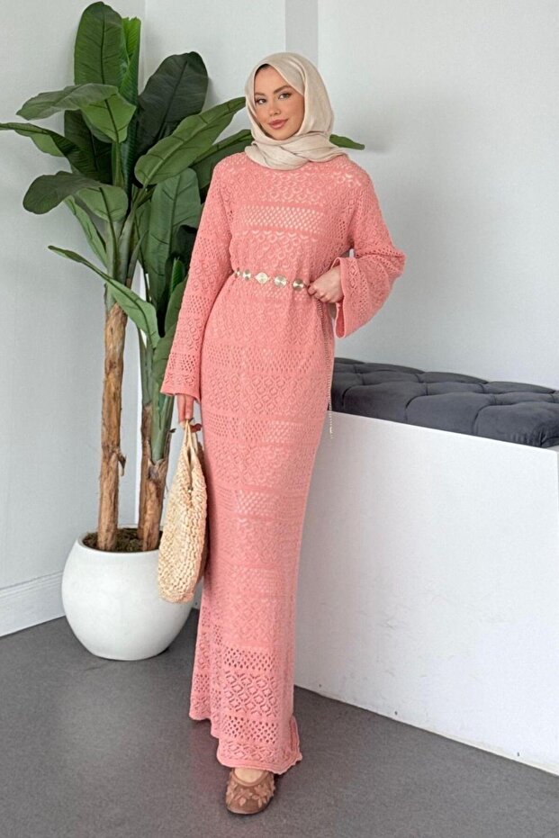 Ajur Örme Elbise Pembe - 1