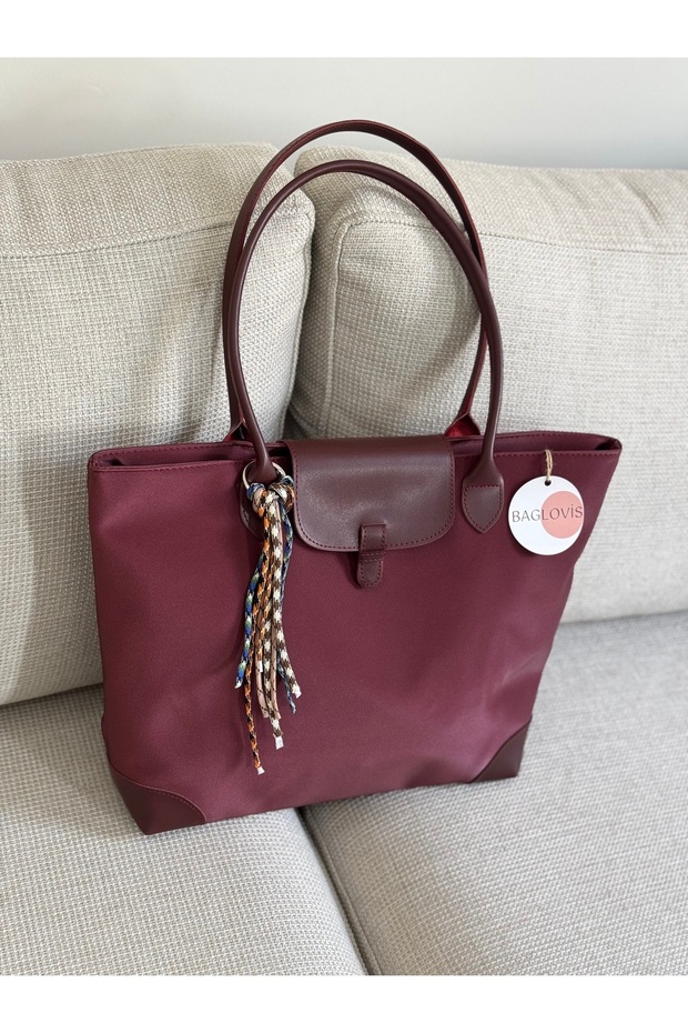 Charm Detailled Large Size Burgundy Tote Bag En40 Boy30