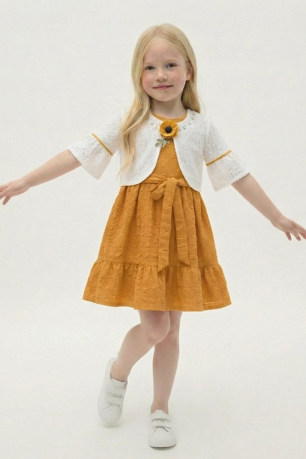Girls' Dress Set with Lace Bolero and Ruffles Holiday Special Occasion Wedding Dress