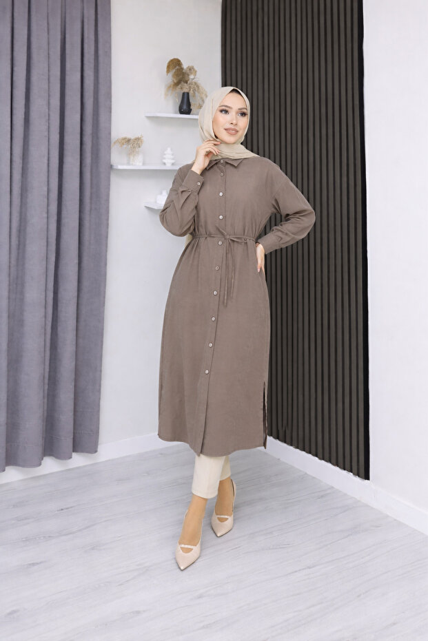 Shirt Collar Buttoned Tencel Fabric Women's Tunic Shirt with Slits on the Sides