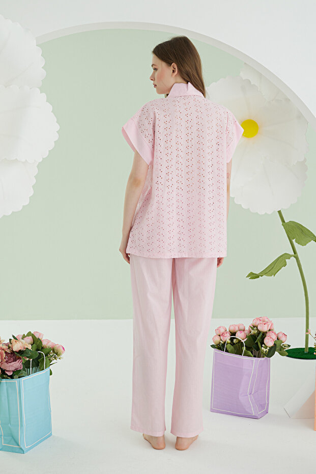Pink Hole Front Buttoned Pajama Set - 4
