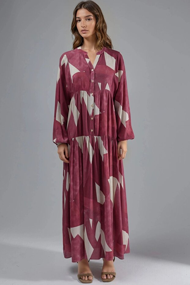 Baskılı Uzun Kol Viskon Modest Elbise - 7