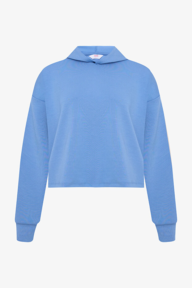 Mavi Kapüşonlu Silky Touch Sweatshirt - 5