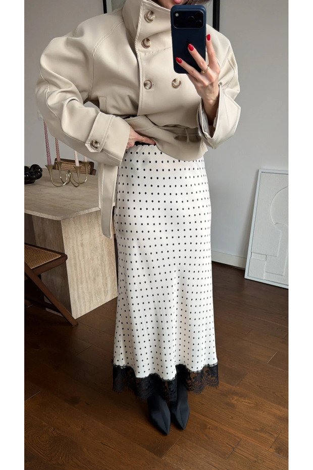 Ecru Satin Polka Dot Maxi Skirt with Lace Detail at the Hem - 50228