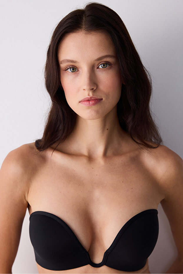 Push up Wireless U Wire Deep Black Low-Cut Bra - 2