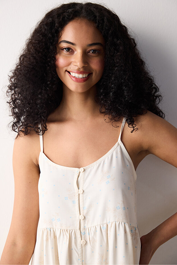 Floral Buttoned Beyaz Elbise - 3