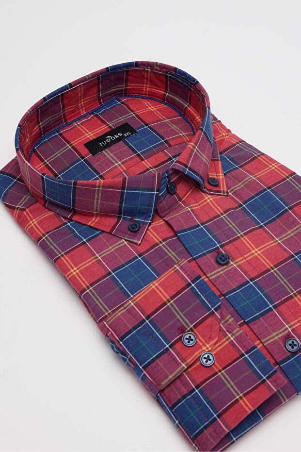 Plus Size Buttoned Collar Checked Cotton Men's Shirt