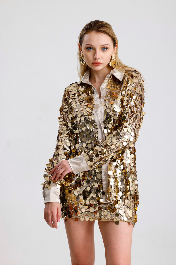 Satin Garnished Sequin Detailed Sequin Evening Dress Shirt | Gml36395 Gold