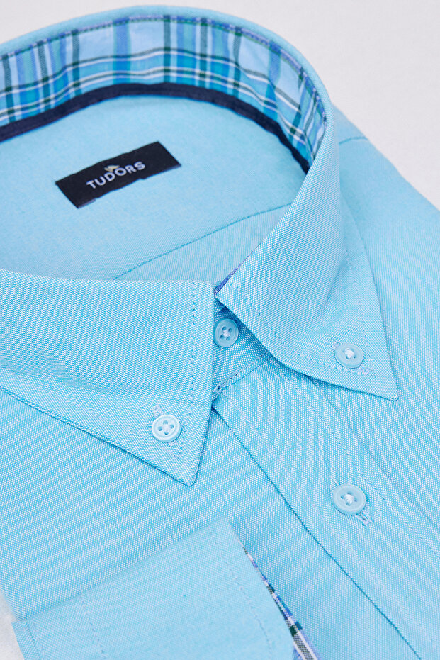 Men's Big Size Large Size - Single Pocket, Turquoise Button Collar, Long Sleeve Cotton Oxford Shirt