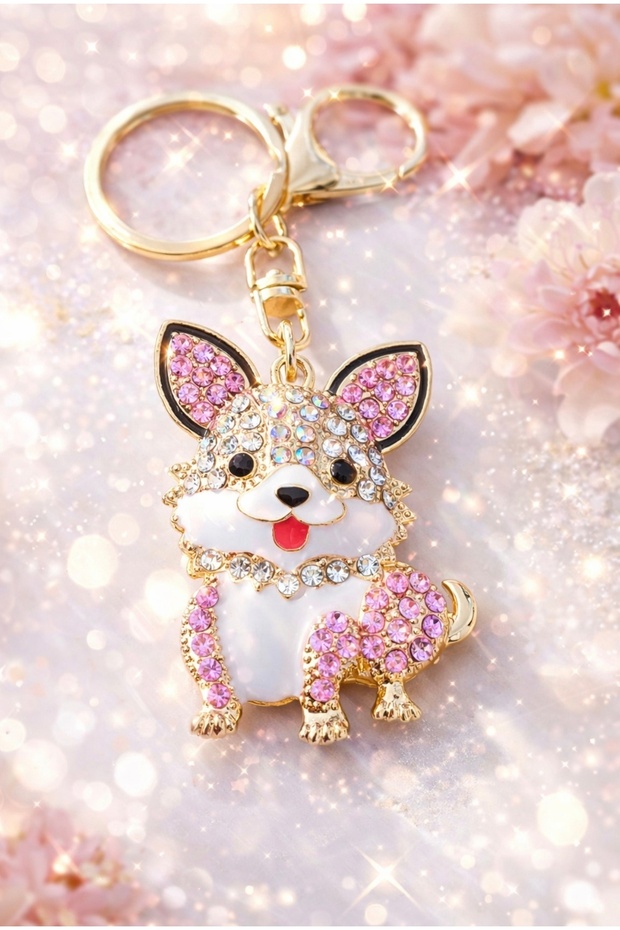 Pink and White Stone Keychain & Bag Charm with Dog Figure – Stylish Bag Ornament