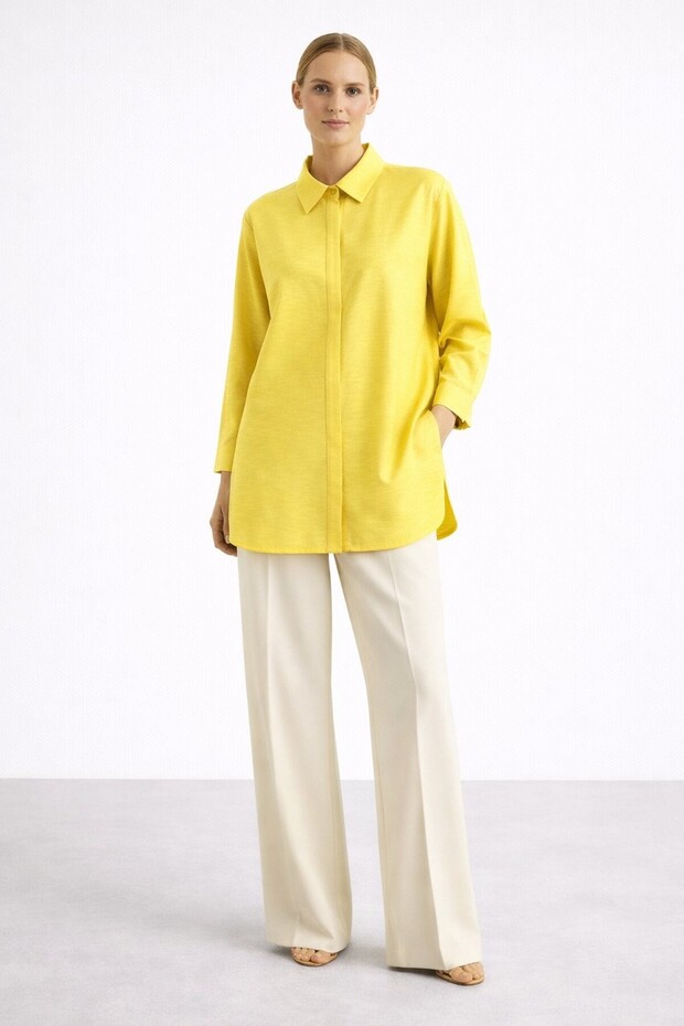 3001 Oversize Basic Vanilin Renk Gömlek - 1