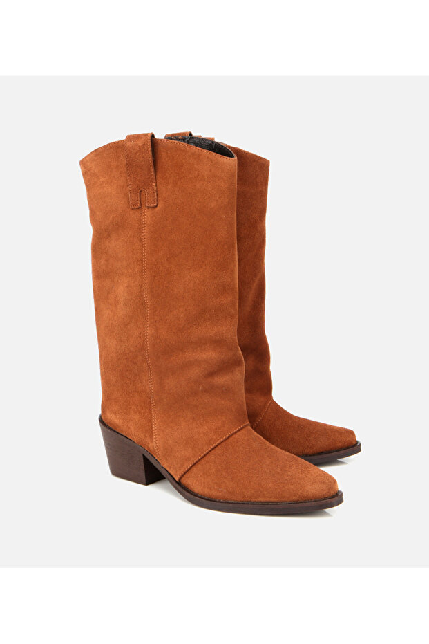 Kadın Süet Deri Taba Kovboy Topuklu Bot - 2
