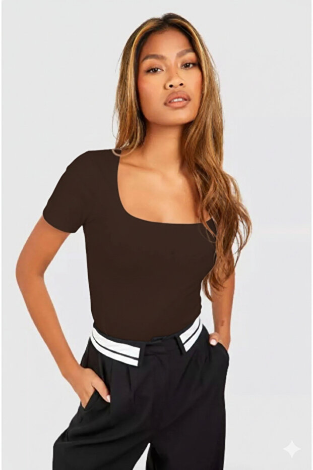 Women's Dark Brown, Short Sleeve Deep Pool, Round Neck Combed T-shirt & Blouse