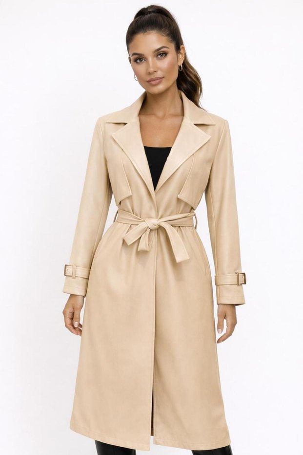 Women’s Elegant Trench Coat – Italian Made Long Belted Coat, Classic Lapel Col