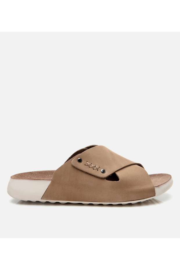 Women's Nubuck Leather Beige Flat Slippers