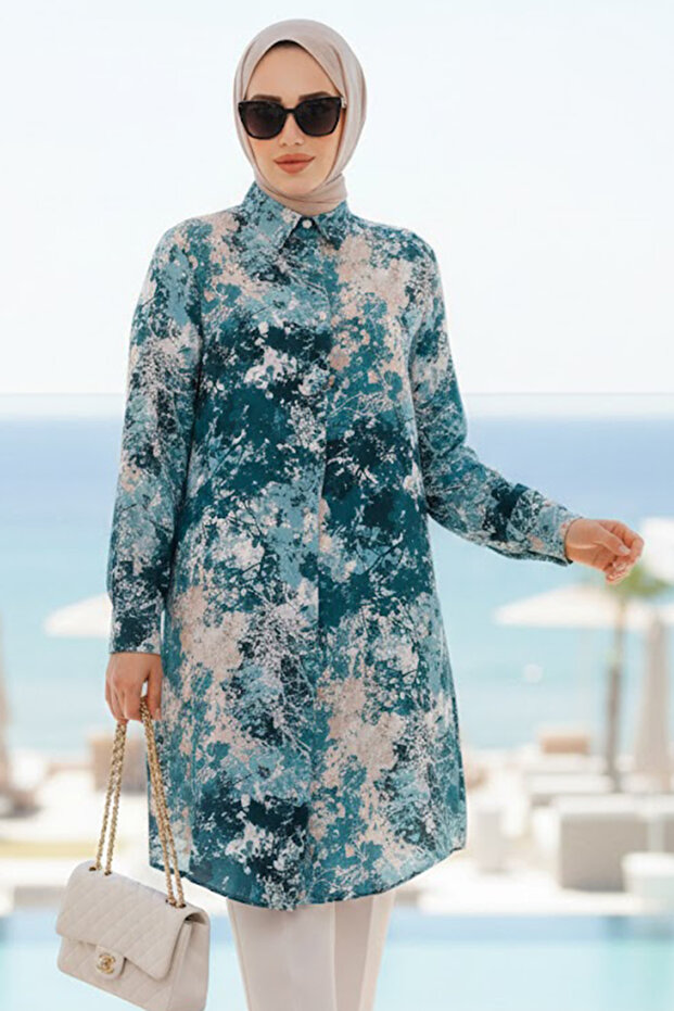 Patterned Green Hijab Viscose Tunic 11707Y