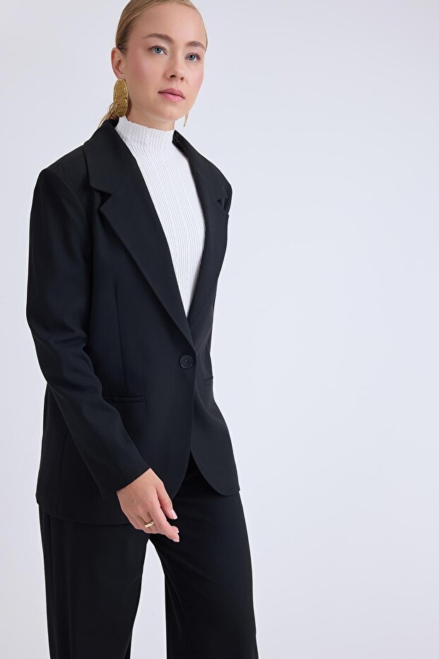 Single Button Front Blazer Jacket - 3