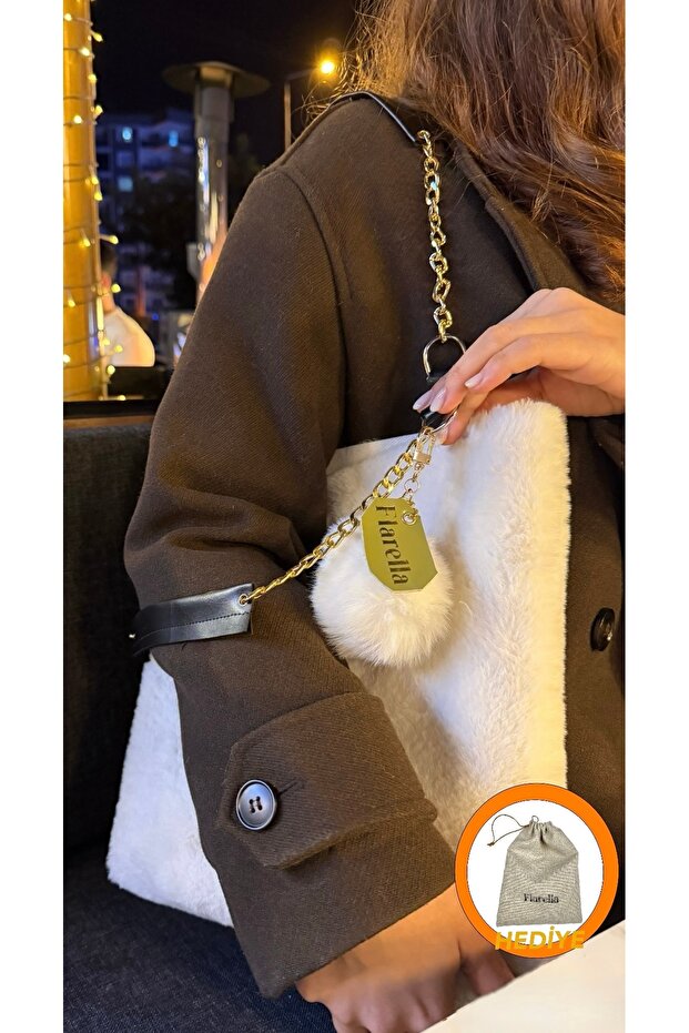 Furry Soft Touch Plush & Leather Women's White Hand and Shoulder Bag - Gold Chain Handle