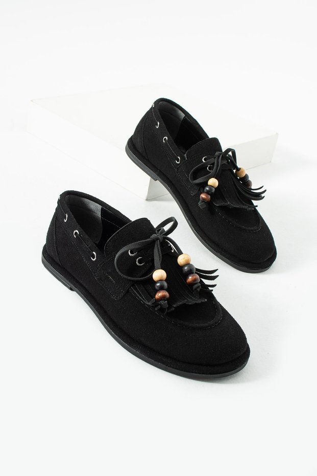 Women's Black Suede Tasseled Beaded Loafer Shoes - Comfortable Moccasin Ballerina Ansel