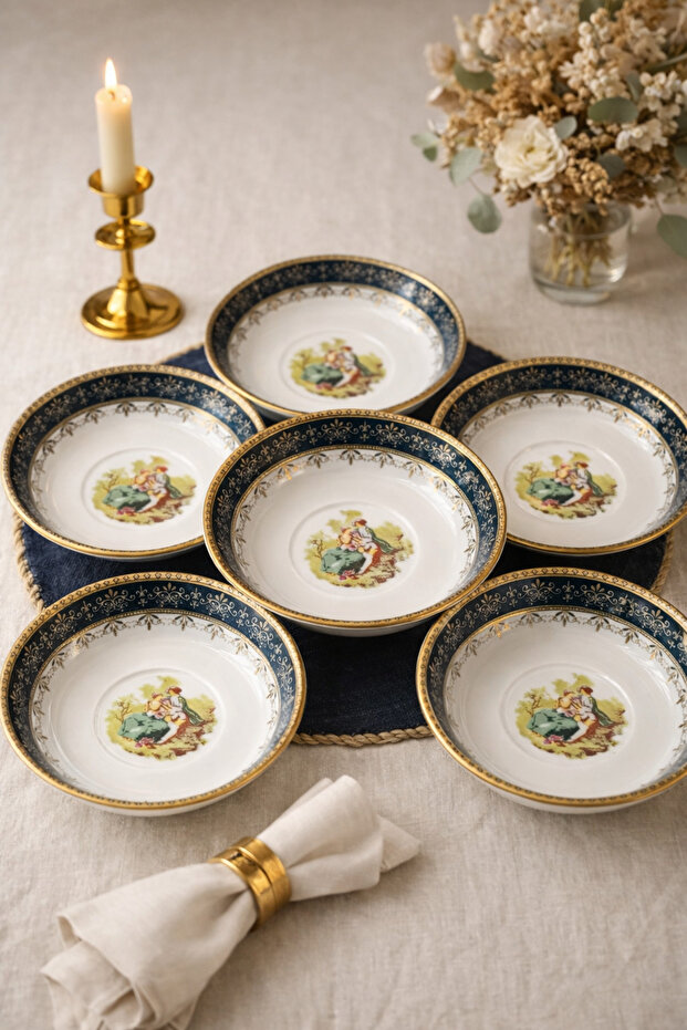 6’lı Klasik Desenli Porselen Çay Tabağı – Altın Yaldızlı, Vintage Şık Sunum - 1