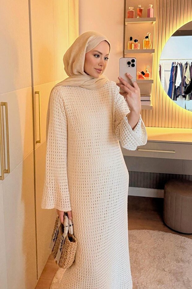 File Ajur Örme Elbise Ekru - 2