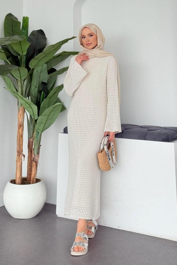 File Ajur Örme Elbise Ekru - 1