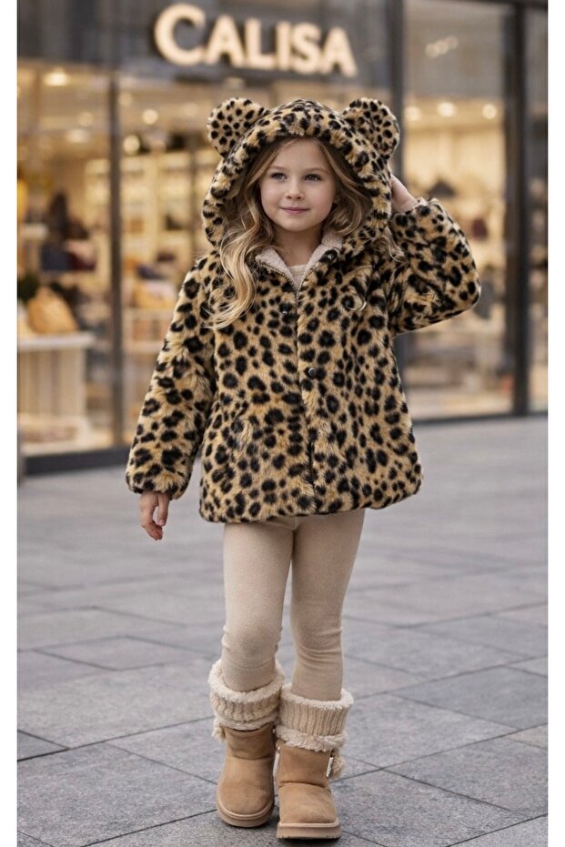 Girl's Leopard Print Plush Fur Coat Coat