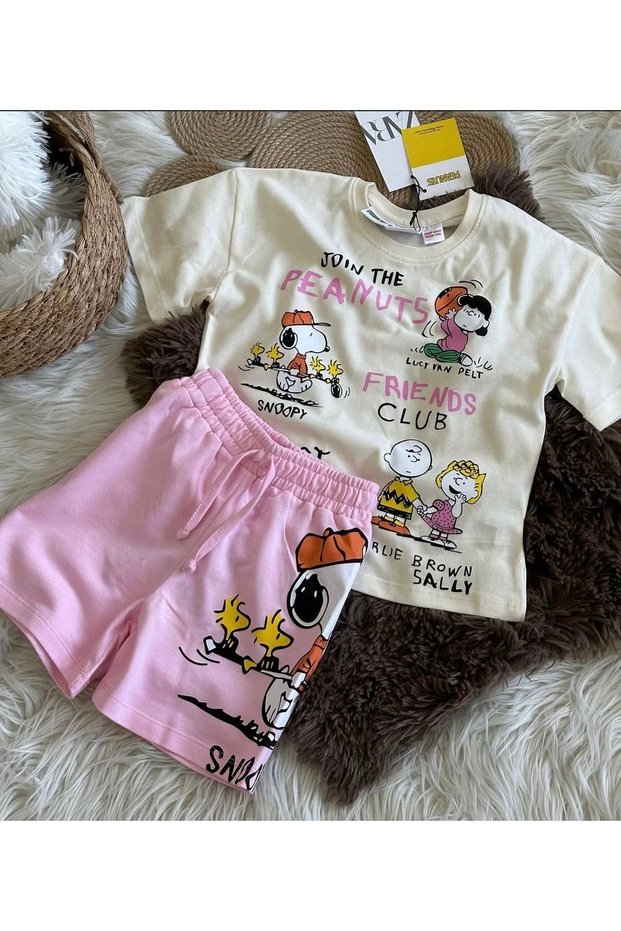 Cream T-Shirt + Pink Shorts Character Printed Set
