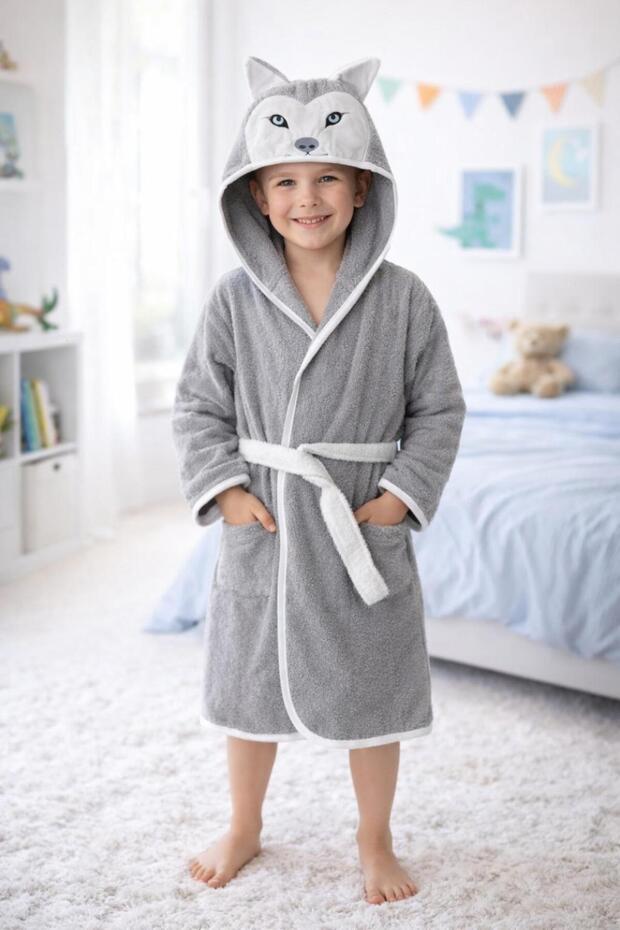 100% Cotton Hooded Children's Bathrobe with Ears, Animal Figure - Wolf