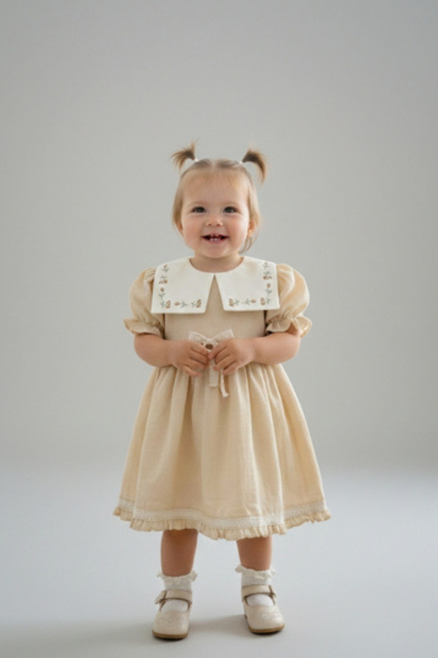 Beige Flower Embroidered and Lace Cotton Lined Baby Dress (9-24 Months)