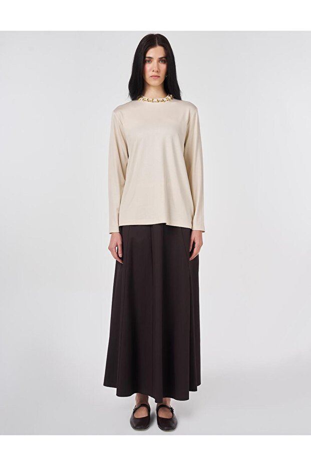 Dik Yaka Örme Bluz Krem - 2