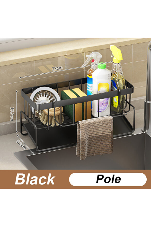 Black Pro Bathroom Sink Storage Rack Metal Drain Rack with Cutlery Container Dishwashing Sponge Hold