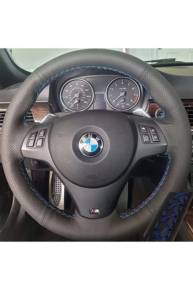 خيط أزرق لسيارة BMW E81 E90 حزمة M Sport M3 E91 E92 E93 E87 E82 E88 X1 E84 جلد أسود كامل - 1