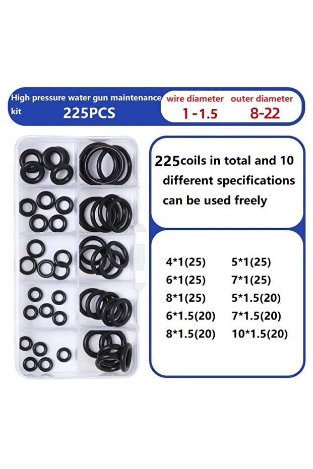 225pcs High Pressure Nitrile O Ring Set Gaskets Seal Bands Elastic Repair Kit - Sealing Ri...