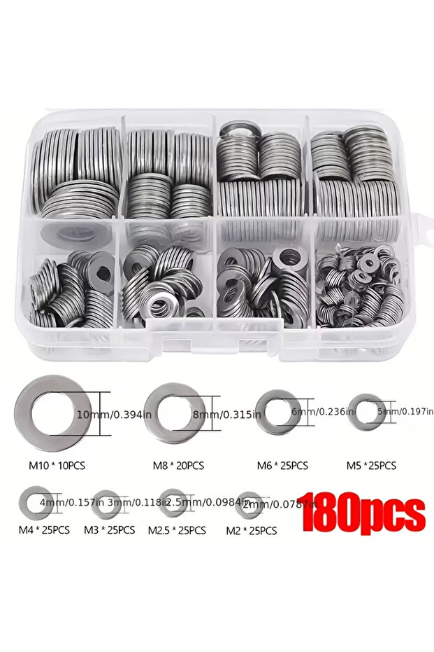 180pcs box Stainless Steel Flat Washer Assortment Kit (M2, M2.5, M3, M4, M5, M6, M8, M10) - Suitable