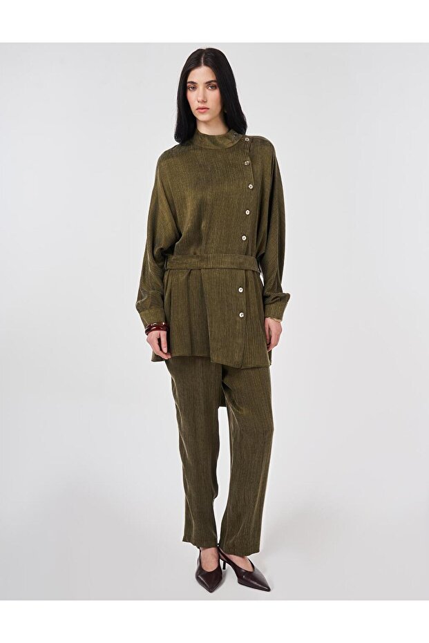 Belted Lyocell Viscose Double Suit Dark Khaki